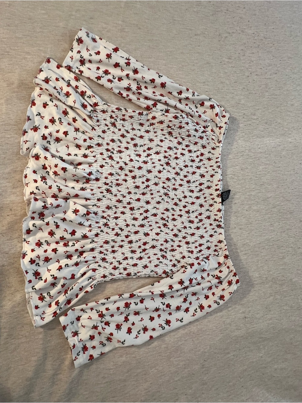 Rue21 White Floral Smocked Top with Red Rose Print